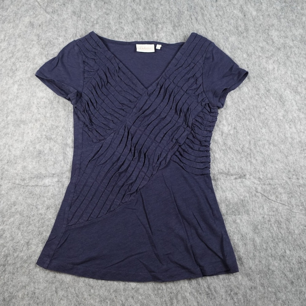 Deletta Top Women Extra Small Navy Blue‎ Textured Ruffle VNeck Short Sleeve